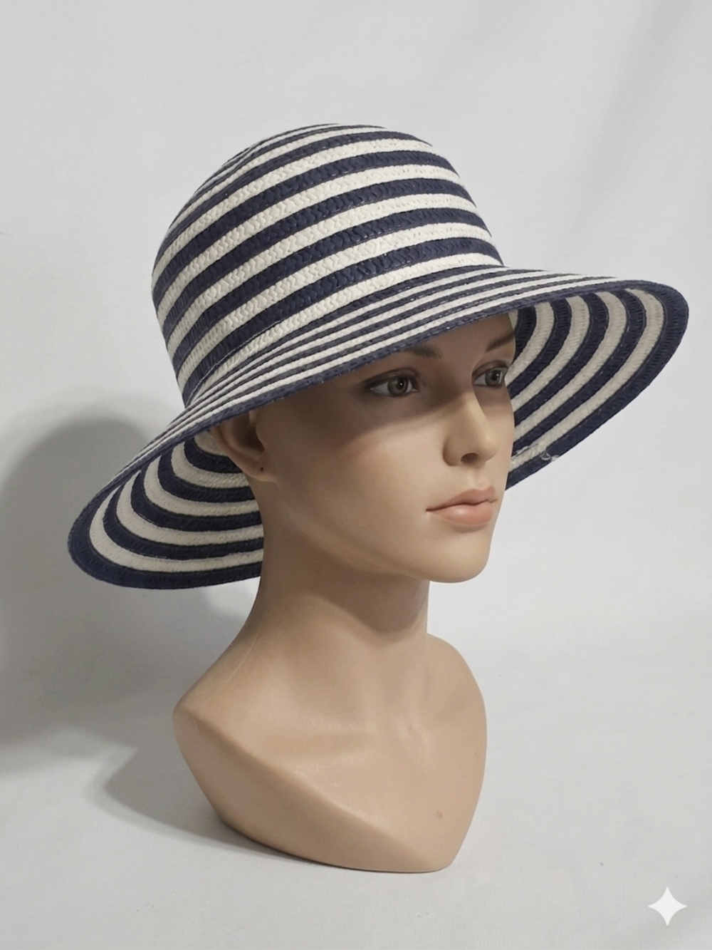 Striped Wide Brim Straw Sun Hat - Navy & White - Picture 2 of 7